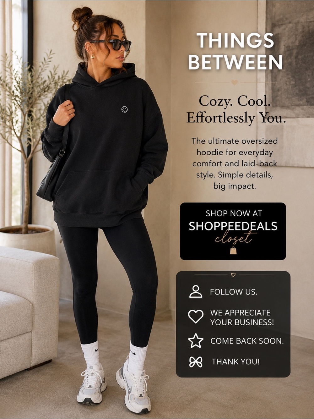 Things Between Black Oversized Hoodie with Smiley Logo – Women’s Size Large